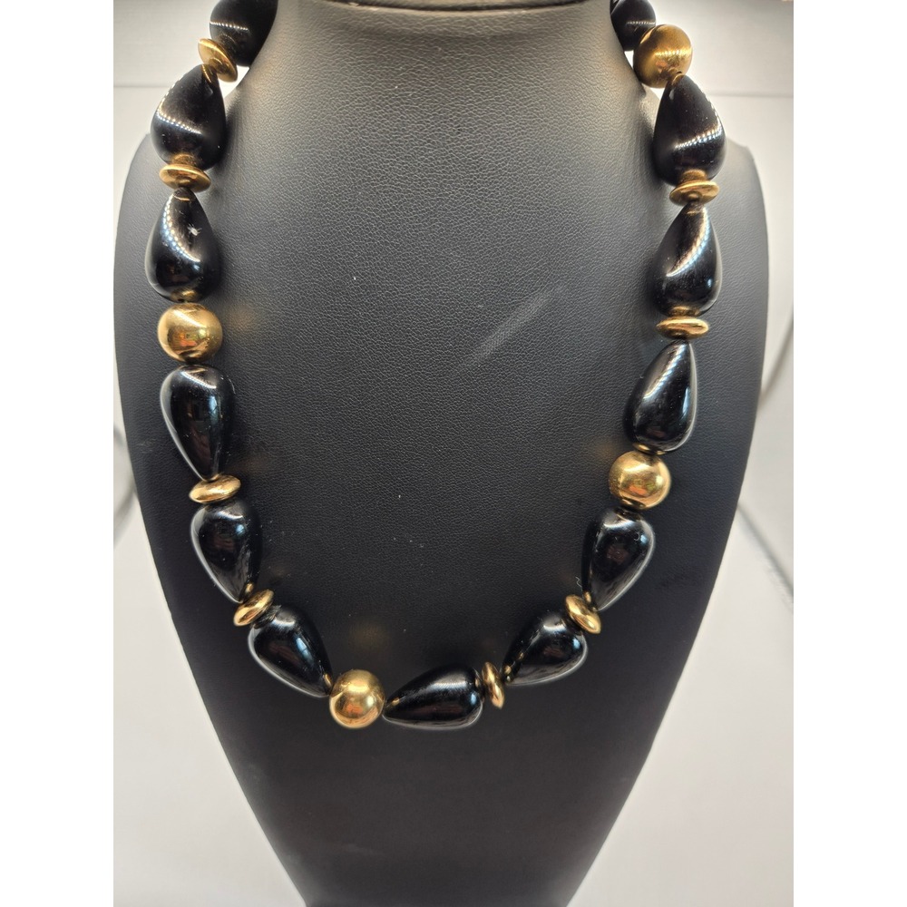 Napier Vintage Black Teardrop Gold Tone Beaded Necklace Fold Over Clasp 19 Inch